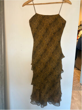 Flores & Flores 100% Silk Leopard Tiered Ruffle Midi Dress Y2K Sz 10